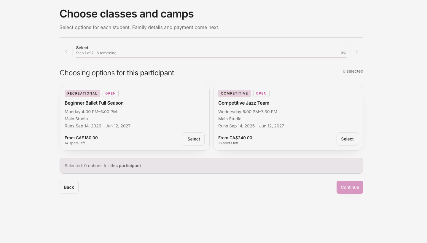 Página de inscripción familiar que muestra clases disponibles